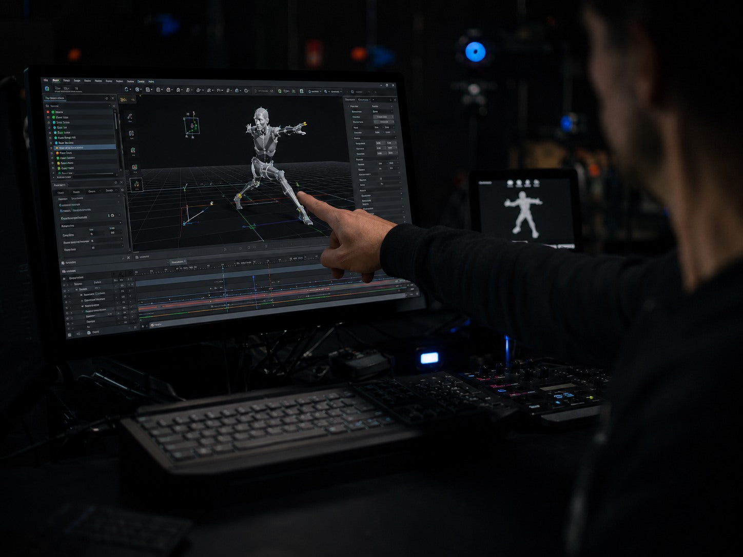 Two specialists reviewing a production interface on a studio monitor